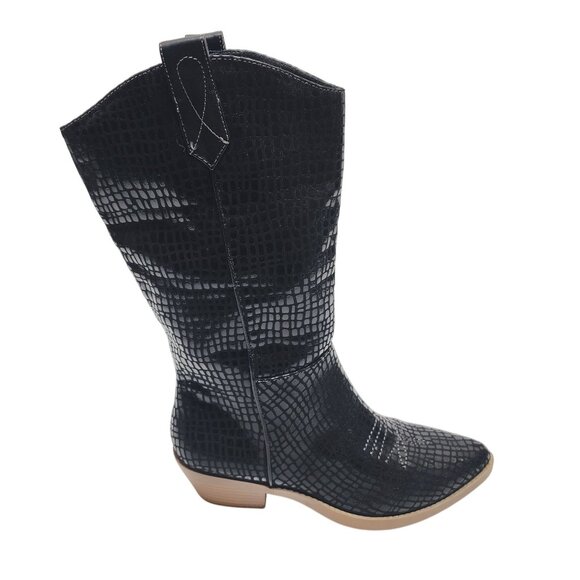 Black Croc-Embossed Mid-Calf Western Boots Size 6M Faux Leather Upper Block Heel - Picture 8 of 10